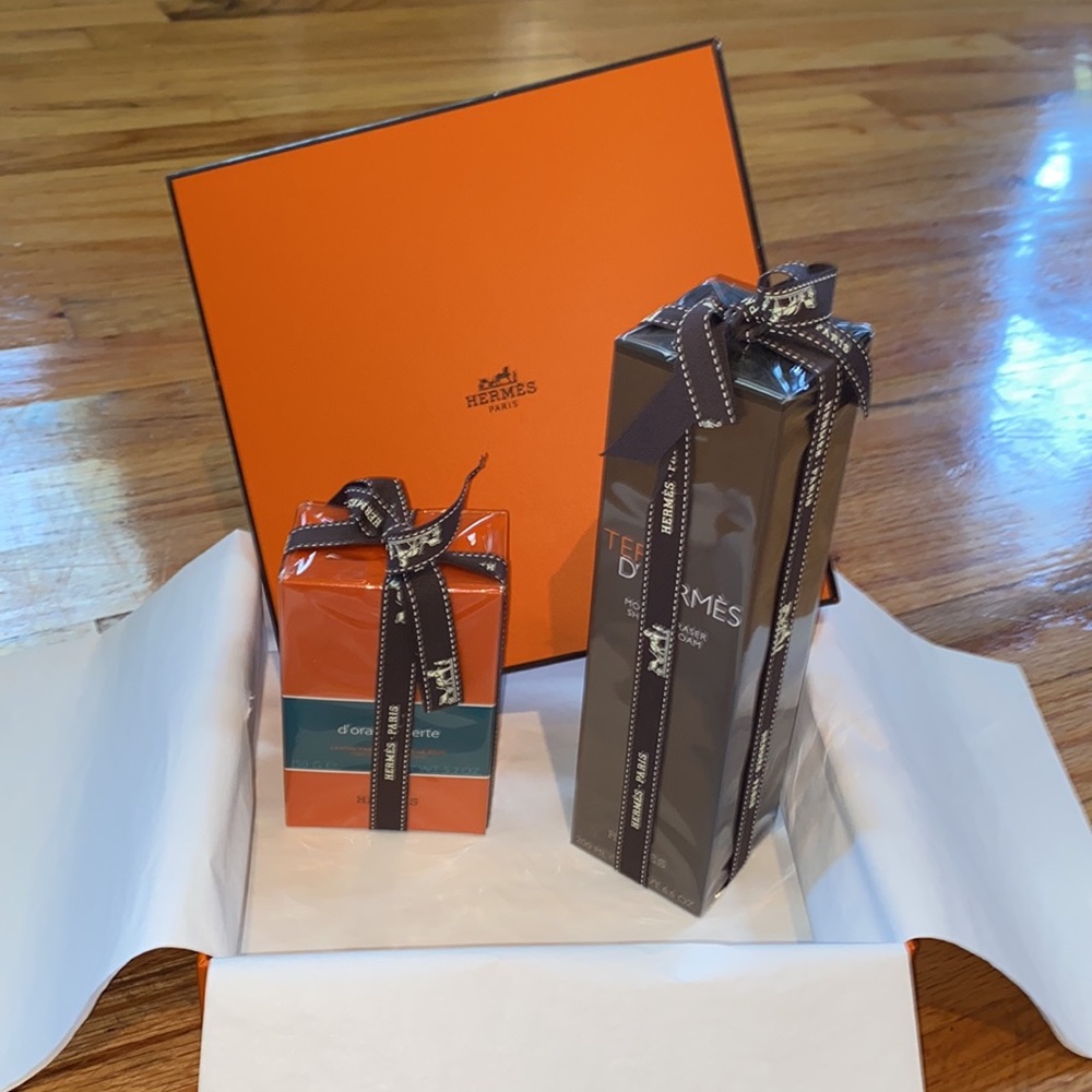 NWOT Hermes perfume and shave foam gift set w/ Hermes box & Hermes ribbons
